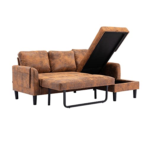 Olela Pull Out Sleeper Sofa Couch,Microfiber Fabric Convertible Sofa Bed L Shape Sectional Sofa With Storage Chaise And Pocket For Living Room (Coffee-Tufted Back) #TOP3