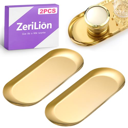 ZeriLion 2 Pack 7-Inch Gold Stainless Steel Oval Vanity Tray Jewelry Dish - Mirror Finish Small Metal Decorative Tray Organizer for Bathroom Bedroom, Gold Dish