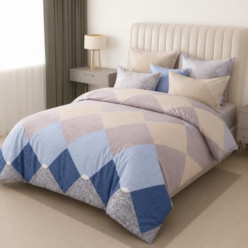 Image of DECOR2ADMIRE 300TC Premium Glace Cotton Printed Super King Size Double Bedsheet with Two Pillow Covers, 108 * 108 Inches or 9ft by 9ft or 275 cm x 275 cm (Blue Pastel Checks)