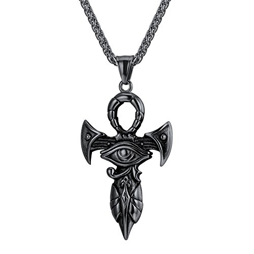 U7 Men Ankh Cross Necklace Protection Vintage Egyptian Jewelry Black Metal Plated Stainless Steel Eye of Horus Pendant Rope Chain 22 Inch