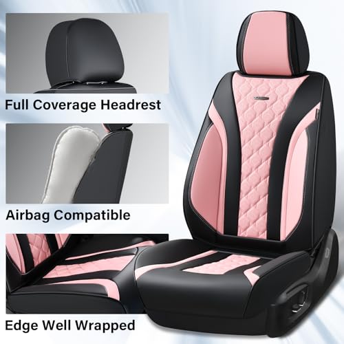 Image of Coverado Seat Covers, Car Seat Covers Front Seats, Perforated Diamond Leather Car Seat Cover, Waterproof Car Seat Cover, 2 Pack Car Seat Protector Front Seat Cover Universal Fit Most Car, Black&Pink