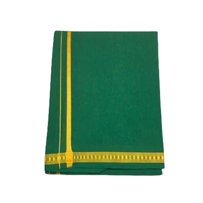 Kolakeer™ Men's Cotton Color Dhoti Set - 1.9 Mtrs Dhoti with 1.2 Mtrs Angavastram - Pentex Mundu Angavastram Set (Green)2