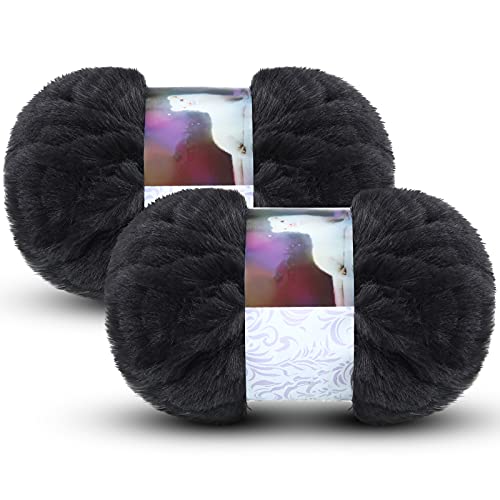 Image of 2 Pieces Soft Fur Yarn - Fuzzy, Fluffy Faux Fur Eyelash Yarn, Cream for Crochet, Knitting Projects - 30m /50g Each(Black)