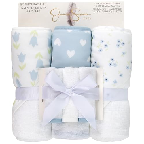 Image of Jessica Simpson Baby 6-Piece Hooded Towel & Washcloth Set - Soft Polyester Hooded Towels + Matching Washcloths - Blue & Neutral Floral Design