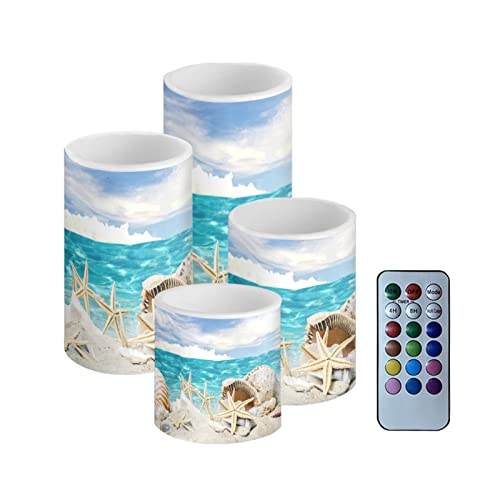 Image of LED Flickering Candles Battery Operated Candles Set of 4 with Remote Control Timer Dancing Flame Pillar Candles Home Table Coastal Decoration, Beach Sky with Starfish