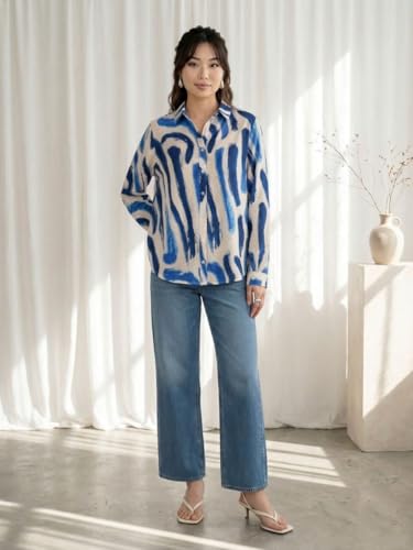 Image of OOMPH! Women Abstract Printed Smart Casual Oversized Shirt | Trendy Printed Shirts | Fun Prints | Drop Shoulder Oversized Westernwear