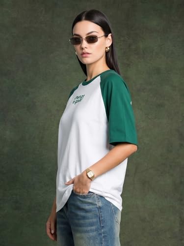 Image of JUNEBERRY 100% Pure Cotton Oversized Fit Drop Shoulder Graphic Printed Raglan Sleeves Boyfriend T-Shirt for Women (Sizes: S to 2XL)