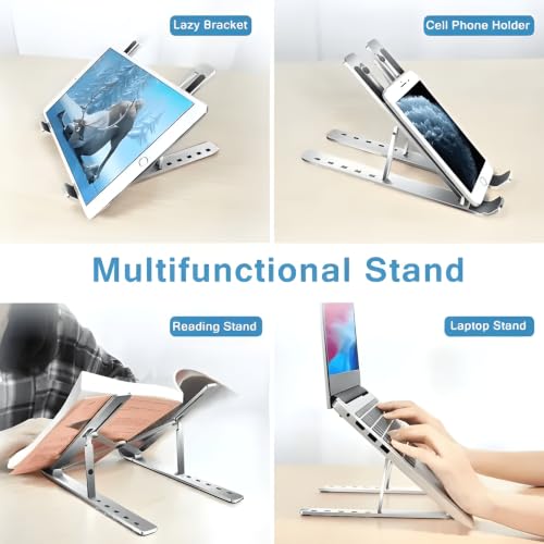 Image of STAR WORK Foldable Adjustable Laptop Stand for Desk, Aluminum Ergonomic Riser with 7 Height Levels, Portable & Lightweight, Anti-Slip Silicone Pads, Fits 10-17.3 inch Laptops, Tablets & Phones.
