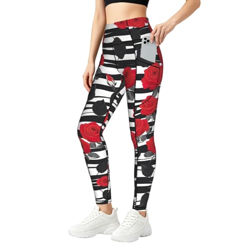 Leggings con estampado de rosas para mujer con bolsillos conjunto de fitness