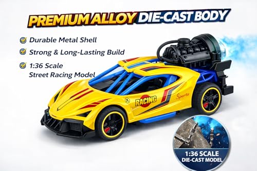 Image of PRIME DEALS Exclusive Alloy Metal Die-Cast Street Racing Car 1:36 Model Car with Mist Smoke Spray Pull Back Die-cast Car Diecast Toy car with Light Music for Kids (Multi Color)