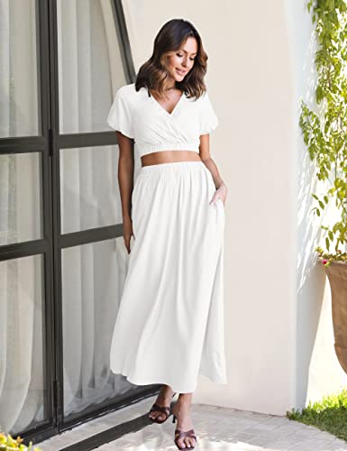 Merokeety Women's Summer Two Piece Outfits V Neck Puff Sleeve Crop Top And Flowy Maxi Skirt Set,White,M #TOP1