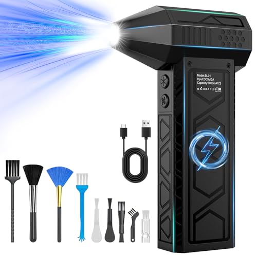 Compressed Air Duster Cleaner for PC, 180000RPM Powerful Rechargable Mini Electric Air Blower with 2 LED Light, 4-Gears Adjustable Hand Held Duster Blower with 9pcs Cleaning Brush, Gift for Men