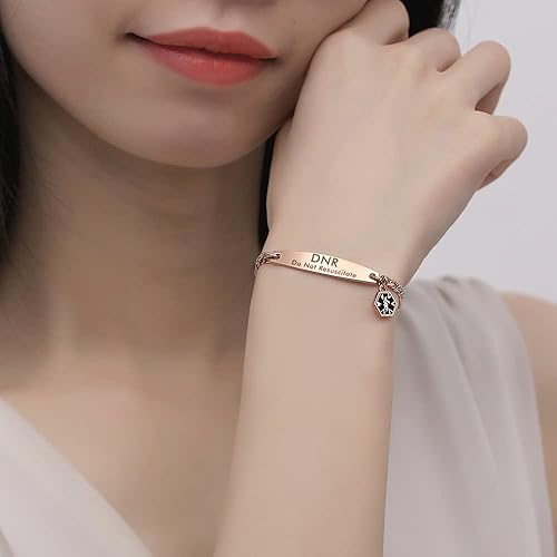 Miniatura 3 de mnmoom Pulseras de identificación médica para mujeres 7-8.5 pulgadas de acero inoxidable pequeña cadena Figaro pulseras de alerta médica