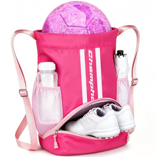 Image of Soccer Bag, Youth Drawstring Backpack for Volleyball Basketball Sports | with 1 Shoes Compartment 1 Wet&Dry Pocket 2 Side Mesh Pockets 2 Zipper Pockets Bag for Gym Training Swimming Back to School