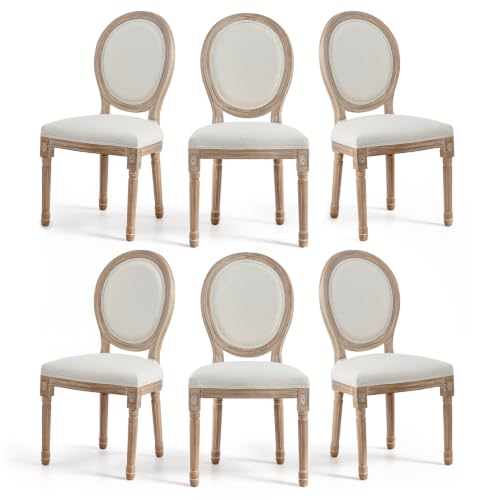 VONLUCE Accent Chairs Set of 6, French Upholstered Dining Chairs for Bedroom Living Room Kitchen, Vintage Vanity Chair with Oval Birch Backrests Rubberwood Legs, Louis XVI Farmhouse Home Decor, Beige