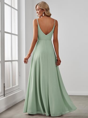 Image of Ever-Pretty Women's Summer Backless Spaghetti Straps Bridesmaid Dresses Chiffon V-Neck Slit Long Formal Wedding Guest Dress