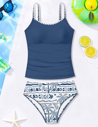 Image of Girls Swimsuit Solid Color Tankini Contrast Trim Swimwear 2 Piece Bathing Suit Padded Swimsuits for Teens 9-16Y