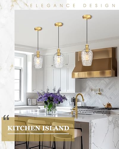 Image of Gold Pendant Lights Kitchen Island with Hammered Clear Glass