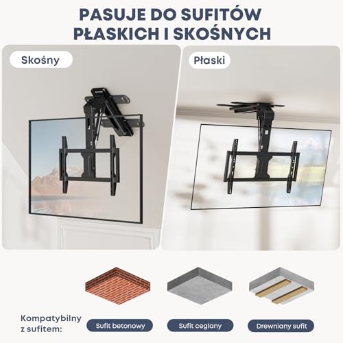 Elektryczny Uchwyt TV Sufitowy 37–75″ – Opuszczany Podnośnik TV, Pilot, Udźwig 45 kg, VESA 600×400mm, Czarny