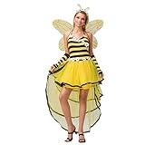 Felcia Damen Halloween Bienenkönigin Kostüm Hummel Kleid mit Flügeln Stirnband Arm Ärmel Outfit Cosplay Mottoparty Faschingskostüm (A-Gelb, L)