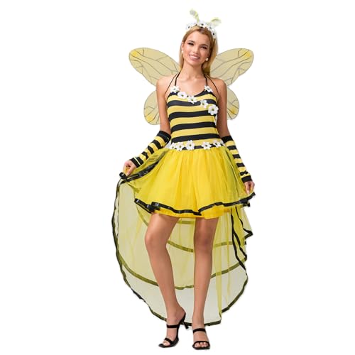 Felcia Damen Halloween Bienenkönigin Kostüm Hummel Kleid mit Flügeln Stirnband Arm Ärmel Outfit Cosplay Mottoparty Faschingskostüm (A-Gelb, M)