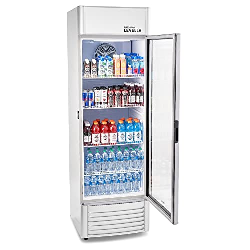 PremiumLevella PRF155DX Glass Door Display Refrigerator 15.5 cu ft Commercial Beverage Cooler Merchandiser With Customizable Lightbox - Silver