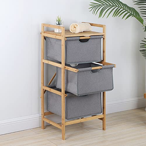Xuthusman 3-Layer Fabric Storage Basket Bamboo Laundry Hamper Dirty Clothes Basket Storage w/3 Pull Out Drawers