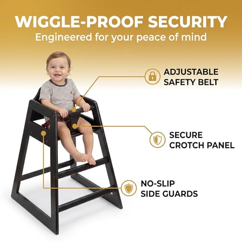 Image of Black Wooden Restaurant High Chair - Stackable Rubberwood Dining Chair with Safety Bar, Easy-Clean Finish, Commercial Restaurant Seating