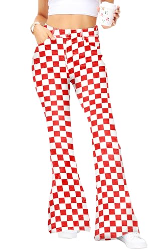 Womens High Waisted Plaid Bell Bottom Jeans Stretch Checkered Flare Denim Pant
