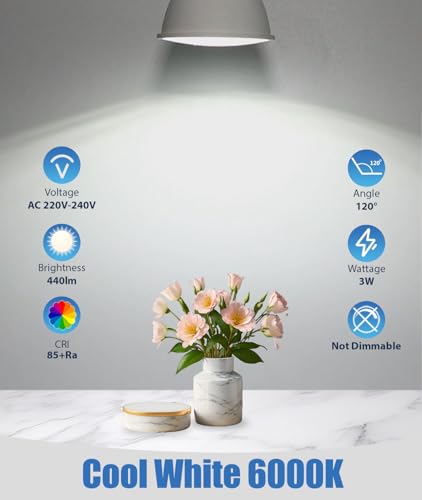 FluxTech GU10 LED Bulbs Cool White 6000K, Energy Class C, 3W 440lm LED Light Bulb, 40W 50W Equivalent, 120° Wide Angle Beam Non-Dimmable, 6 Pack