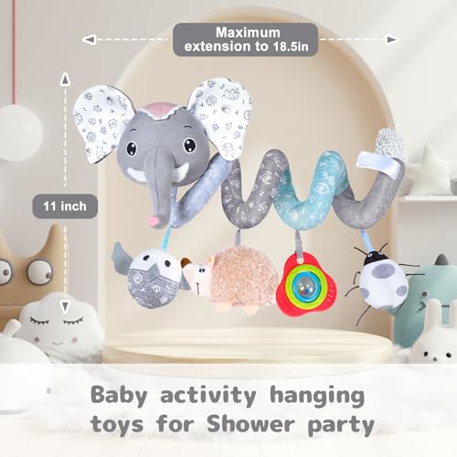 Image of Koty Car Seat Toys, Infant Baby Spiral Plush Activity Hanging Toy for Stroller Bar Pram Crib with Music Box BB Squeaker & Rattles(Grey Elephant)