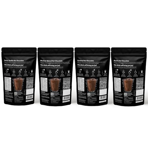 Image of COCOSUTRA Hot Chocolate Mix | Swiss Vanilla, Mexican Spiced, Caramel & Mocha | Pack of 4 (Each 100 gm) 400 g | Drinking Chocolate Powder | Enjoy hot or cold