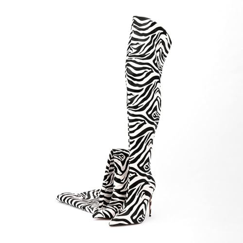 Image of Thigh high boots for women striped Back zipper Burgundy Zebra Print Over the knee Sexy gold white pointed toe Cow Print leopard Magenta stiletto heel