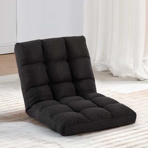 Image of Folding Floor Chair with Back Support, Adjust Lay Flat Recliner Oversized Lounge Wide Lazy Boy Gaming Ergonomic Single Sofa Seat for Living Room Bedroom(Black)