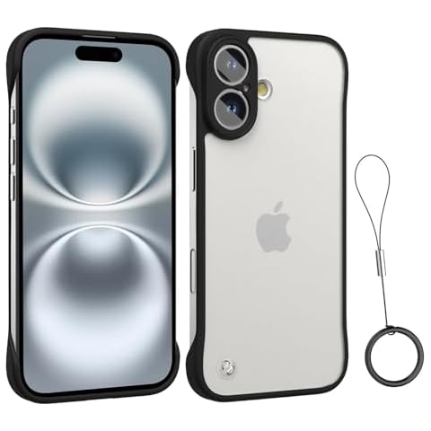 ASONRL Frameless Phone Case Compatible with iPhone 16 Plus, Ultra Thin Matte Hard PC Shock Absorption TPU Bumper [Full Camera Coverage] Non-Slip Rope Pull Ring Case for iPhone 16 Plus, 6.7'' - Black Cover