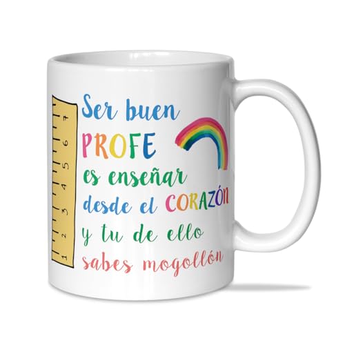 LINFORMAL - Caneca 'Ser Buen Profe es Enseñar desde el Corazón y tu de ello sabes Mogollón' - Caneca de Cerâmica 350ml - Caneca de Café Pequeno-almoço - Presente de Fim de Curso - Compatível com