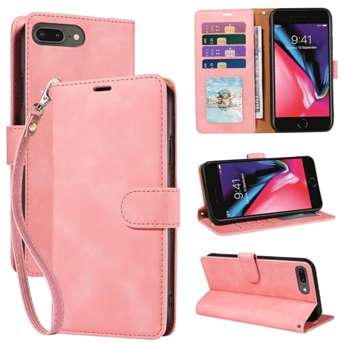 JHWVVTF 2025 Wallet Case for iPhone 6/6S/7/8 Plus RFID Blocking 4 Card Slots Holder Wrist Strap Leather Shockproof Protective Stand Folio Flip Cases Cover (Pink)