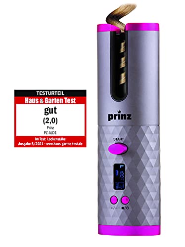 Prinz Akku-Lockendreher PZ-ALD1 – kabelloser Lockenstab mit Keramikbeschichtung, Rechts-/Linkslauf, 150–200 °C, Timer 8–18 s, USB-Ladekabel