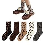 MOAZIFI 5 Paar Damen Bunte Leopardenmuster Socken,Neuheit Leopard Tier Motiv Crew Socken, Atmungsaktive Baumwollsocken Lässig Socken, Lustige Tiermuster Socken Alltag Freizeit Geschenk