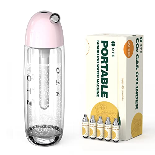 OTE Portable Sparkling Water Maker Soda Maker Machine for home with 20PCS Cylinders 450ml Personal seltzer Carbonators Electroless Double Layer PET Bottle BPA Free Double Pressure Relief Valves -Pink