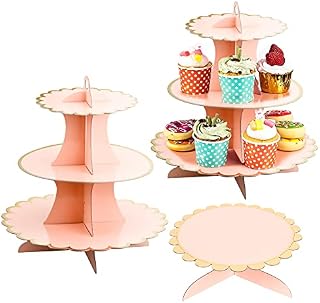 3 Pack Pink Cardboard Cupcake Stand 1 Tier Cake Stand and 3 Tier Dessert Tower, Reusable Dessert Stand Round Cupcake Holder Tower for Birthday Party, Wedding, Baby Shower