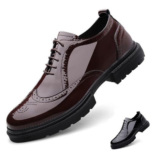 Men's Patent Leather Wing Tips Carved Lug Brogue Oxfords Shoes Fashion Classic Round-Toe Lace Up Low Top Genuine Leather Dress Shoes Hand Stitched Business Formal Derby Shoes