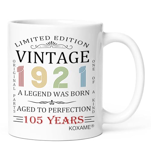 KOXAME Vintage 1921 Coffee Mug 11oz, 105th Birthday Gifts For Men Women, 105 Year Old Birthday Gifts For Him Her, Gift Ideas For Mom Dad Husband Wife Papa Grandma Turning 105 (105) - image 1