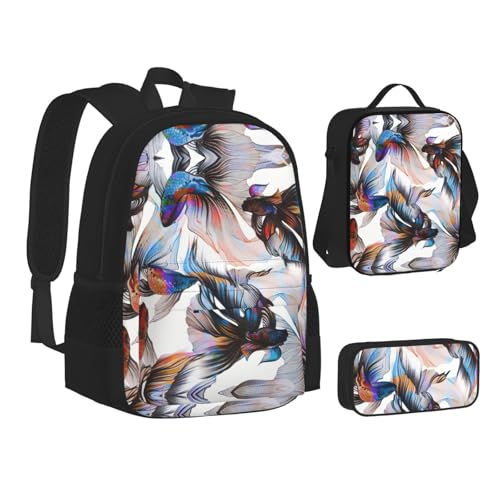 Fish Print 3 Piece Set Backpack, Lunch Bag, Pencil Case, Cute Sturdy For College And Travel2