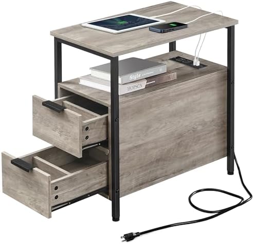 VASAGLE Side End Table with Charging Station, Slim Nightstand wit...