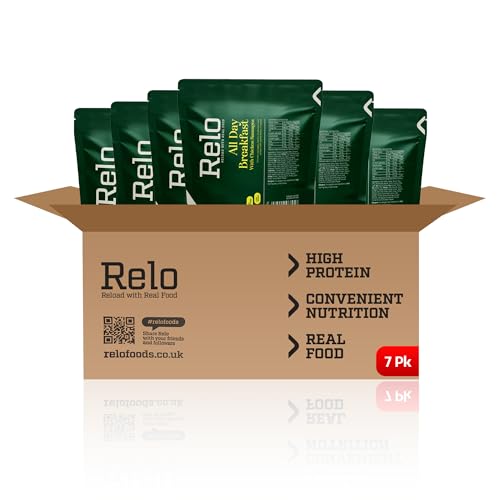 Relo All Day Breakfast | 350g Ready-to-Eat Survival Food Pouches | Camping Food Pouches with High-Protein (41g), High-Fibre, Low-Fat, Low-Sugar, Low-Cal, Low-Carb, Keto-Friendly (7 Pack)