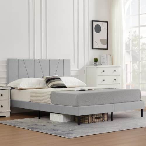 Flolinda Full Size Bed Frame Upholstered Platform With Complete Headboard And Strong Wooden Slats, No Box Spring Needed, Easy Assembly,Grey #TOP2