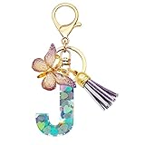 TTYY Initial Letter Keychains for Girls Women Pink Purple Green Cute Butterfly Heart Keychain for Backpack School Bag (purple heart Letter J)