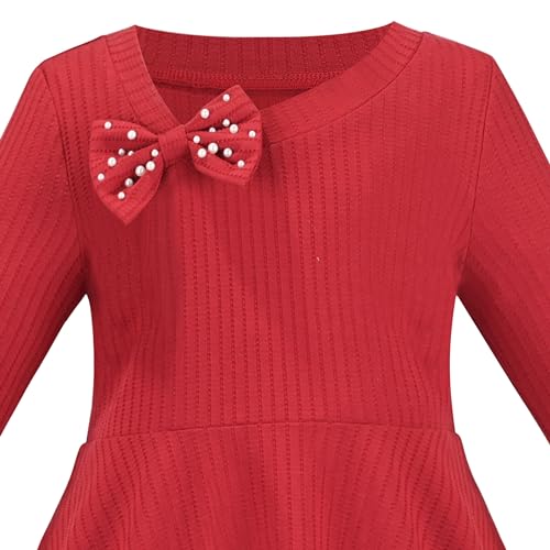 Sunny Fashion Girls Dress Red Christmas Stripe Pearl Vintage Party Long Sleeve3