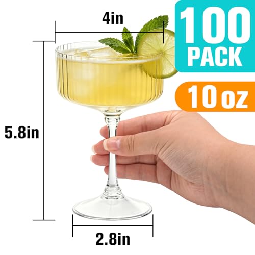 Image of 100 Pcs Plastic Martini Glasses Disposable,10oz Ribbed Martini Glasses | Unbreakable, Vintage Coupe Cocktail Glasses Set with Detachable Stem for Wedding Birthday Party Bar Supplies, Clear
